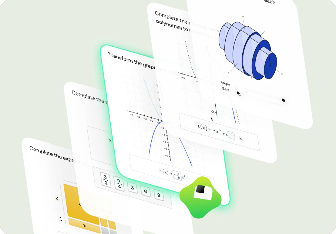 Stacked interactive math exercise cards showing algebra, graphing, and geometry problems with Koji celebrating