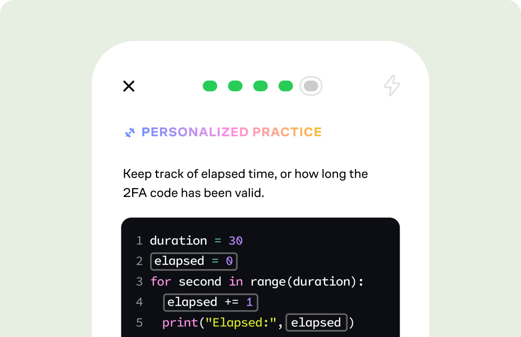 A personalized practice exercise tracking elapsed time, with a Python loop in a code editor