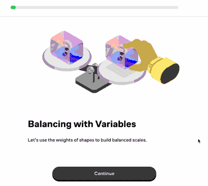Preview of a balancing-scales lesson from the Solving Equations course.