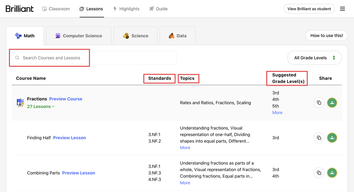 Preview of the educator portal (educator.brilliant.org) — teachers can find relevant Brilliant lessons by topic or keyword, course, suggested grade level, or standard.