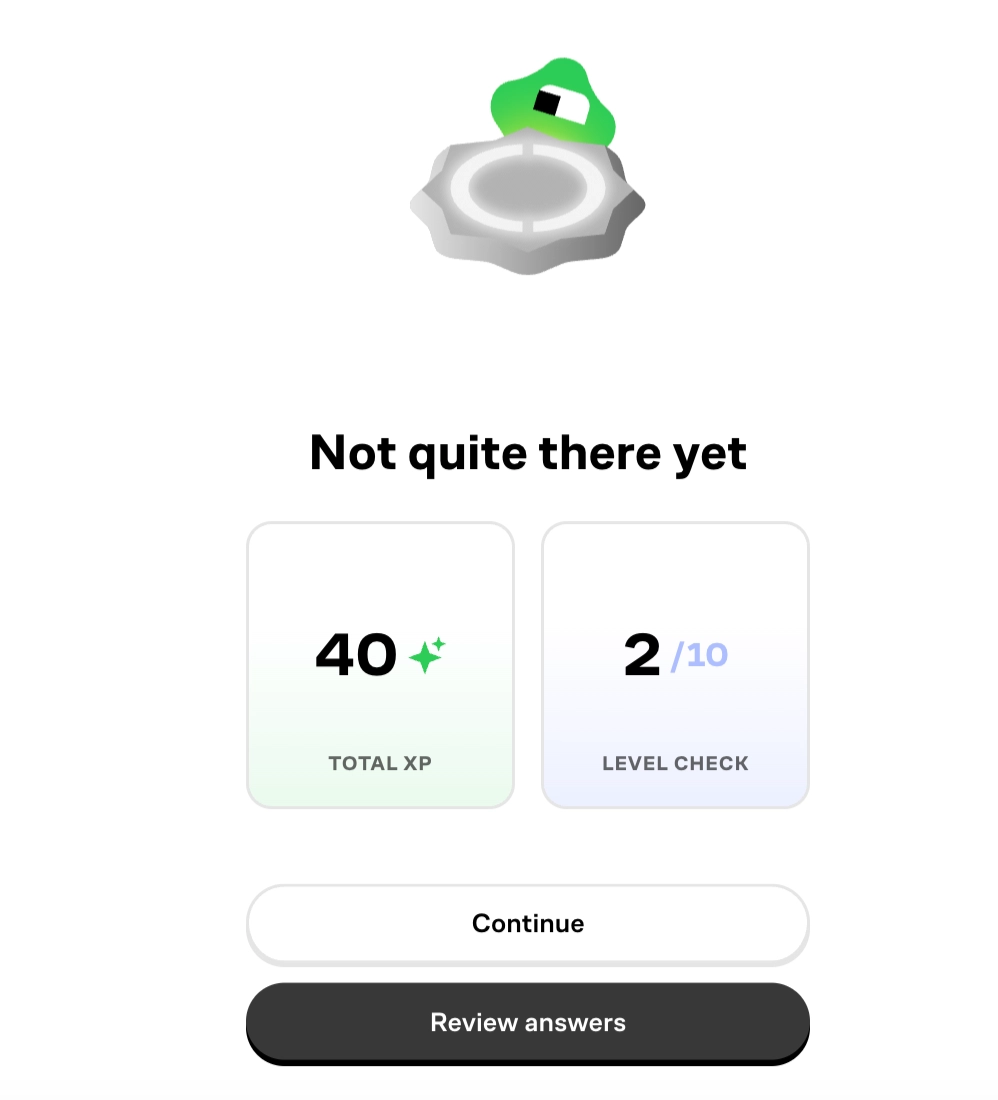 Preview of the screen at the end of a Level Review, with the option to review answers and get more practice.