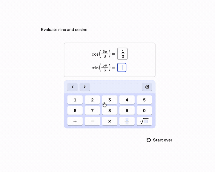 The Brilliant math keyboard being used to enter the answer negative square root of 3 over 2