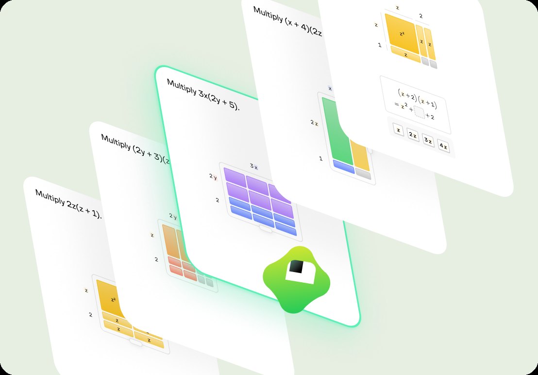 A series of progressively harder polynomial multiplication problems shown as stacked cards, with Koji highlighting the current challenge