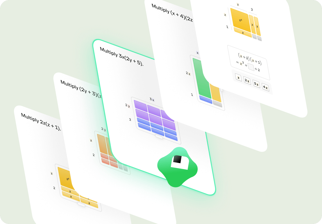 A series of progressively harder polynomial multiplication problems shown as stacked cards, with Koji highlighting the current challenge