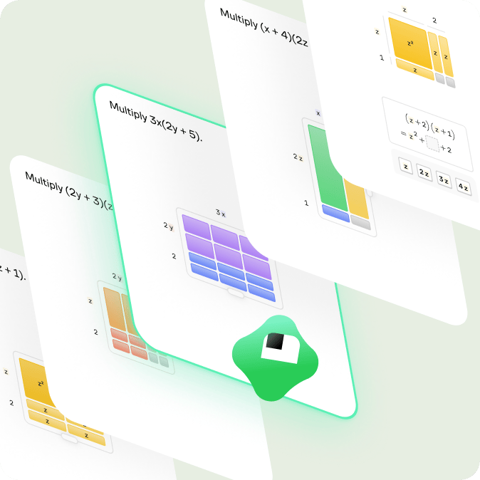 A series of progressively harder polynomial multiplication problems shown as stacked cards, with Koji highlighting the current challenge