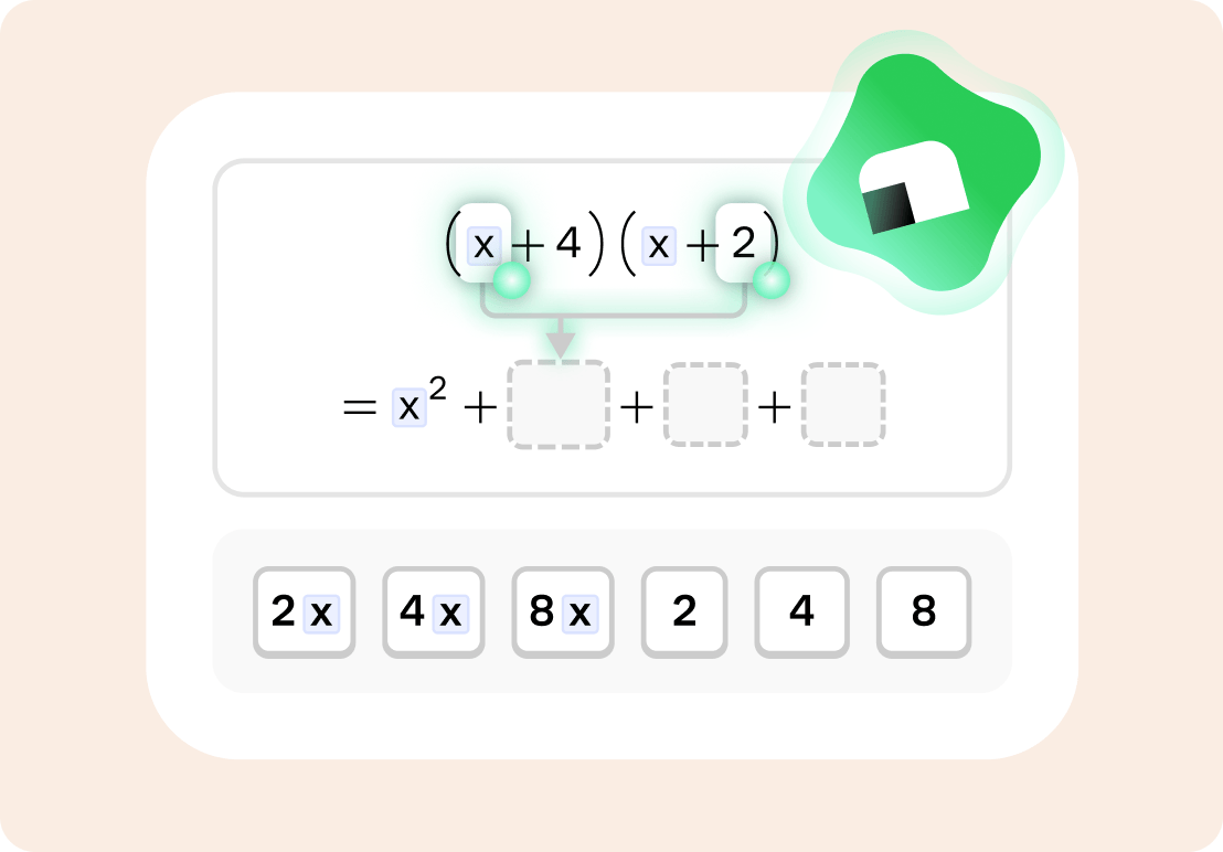 Interactive algebra exercise expanding (x+4)(x+2) step by step, with draggable answer tiles and Koji cheering you on