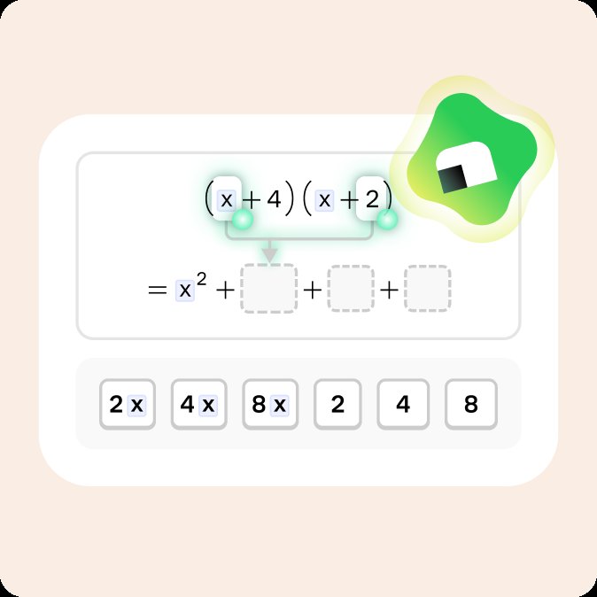 Interactive algebra exercise expanding (x+4)(x+2) step by step, with draggable answer tiles and Koji providing guidance