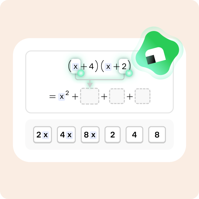 Interactive algebra exercise expanding (x+4)(x+2) step by step, with draggable answer tiles and Koji cheering you on