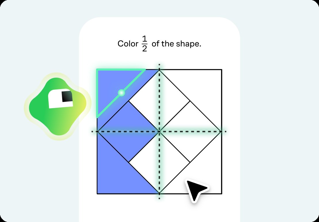 Interactive exercise asking the learner to color half of a geometric shape, with Koji guiding along