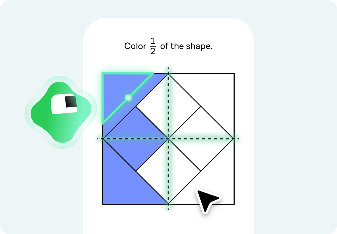 Interactive exercise asking the learner to color half of a geometric shape, with Koji guiding along