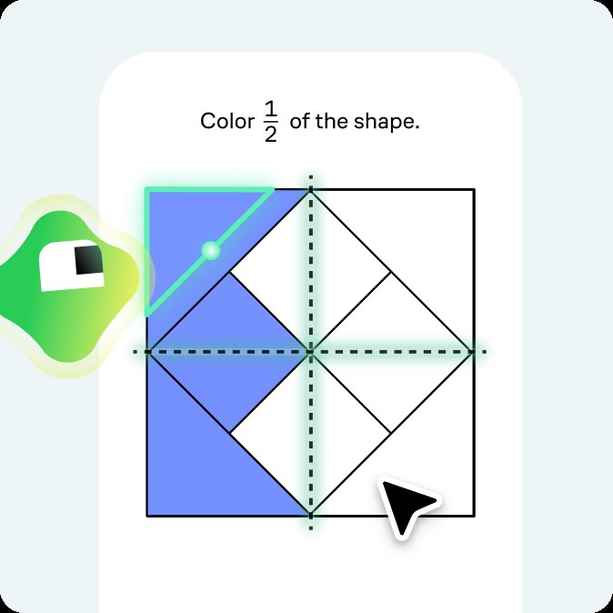 Interactive exercise asking the learner to color half of a geometric shape, with Koji guiding along