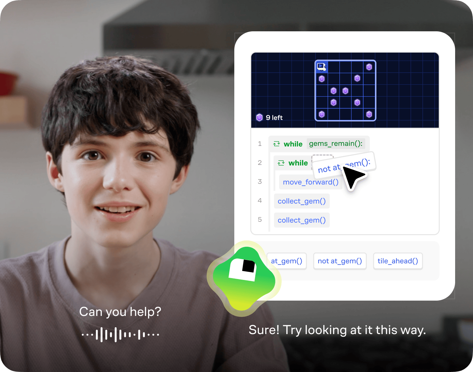 Student using Brilliant’s AI tutor to solve a coordinate geometry problem. They ask “Can you help?” and the tutor responds: “Sure! Try looking at it this way.”