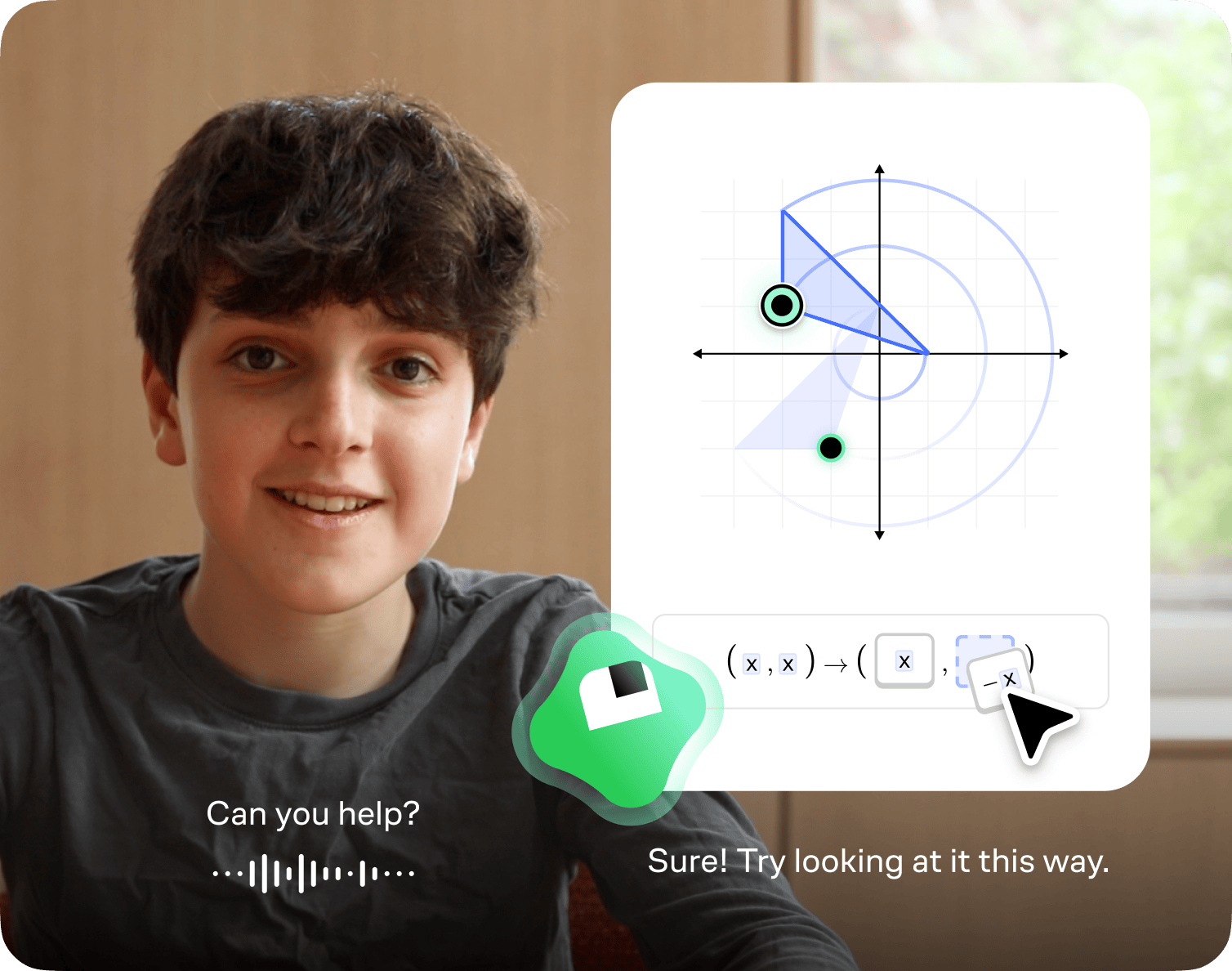Student using Brilliant’s AI tutor to solve a coordinate geometry problem. They ask “Can you help?” and the tutor responds: “Sure! Try looking at it this way.”