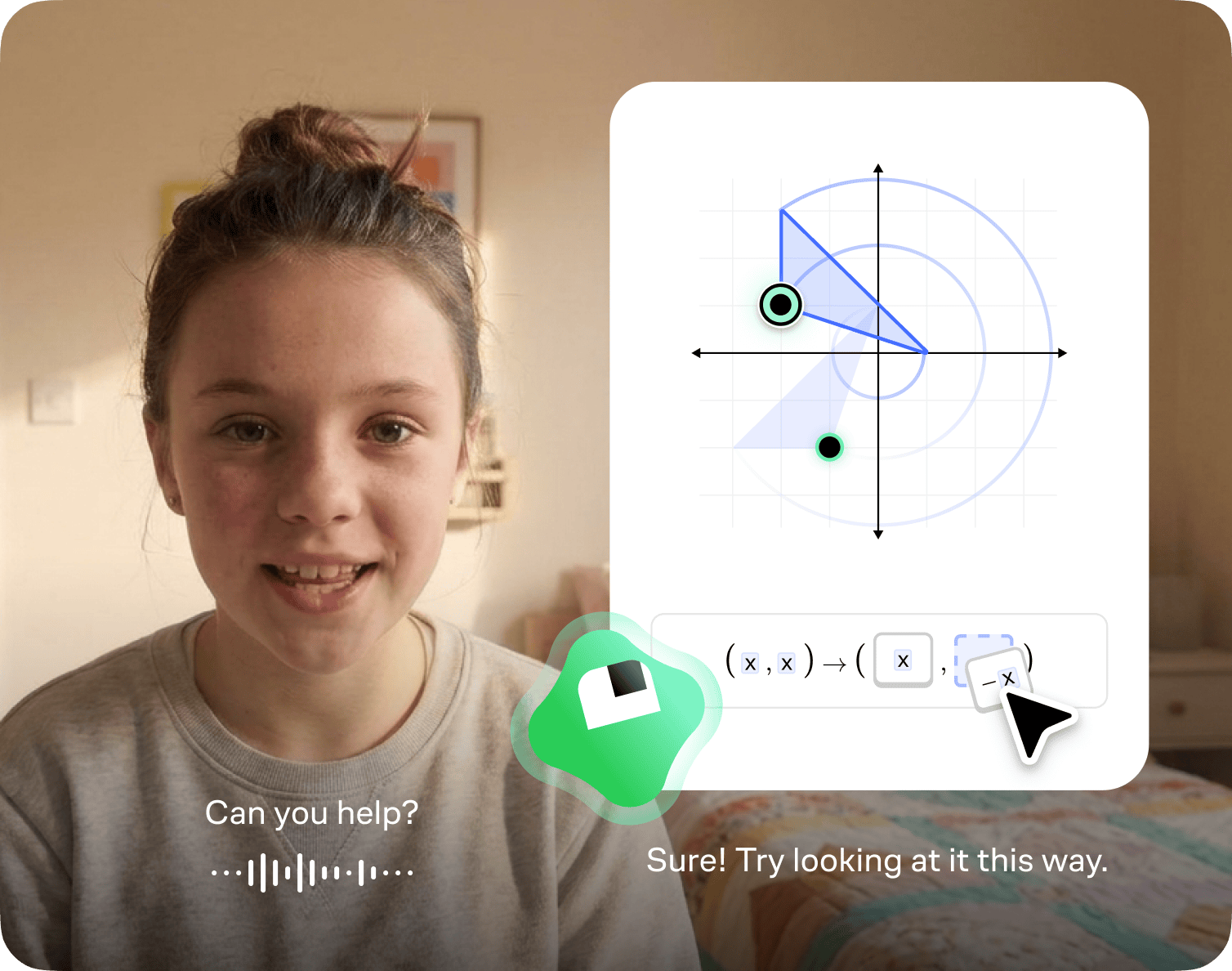 Student using Brilliant’s AI tutor to solve a coordinate geometry problem. They ask “Can you help?” and the tutor responds: “Sure! Try looking at it this way.”
