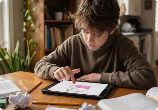 A child using a tablet to work through an interactive math problem at a desk with notebooks and pencils