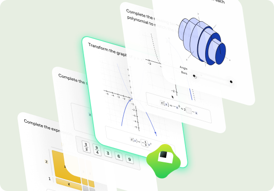 Stacked interactive math exercise cards showing algebra, graphing, and geometry problems with Koji celebrating