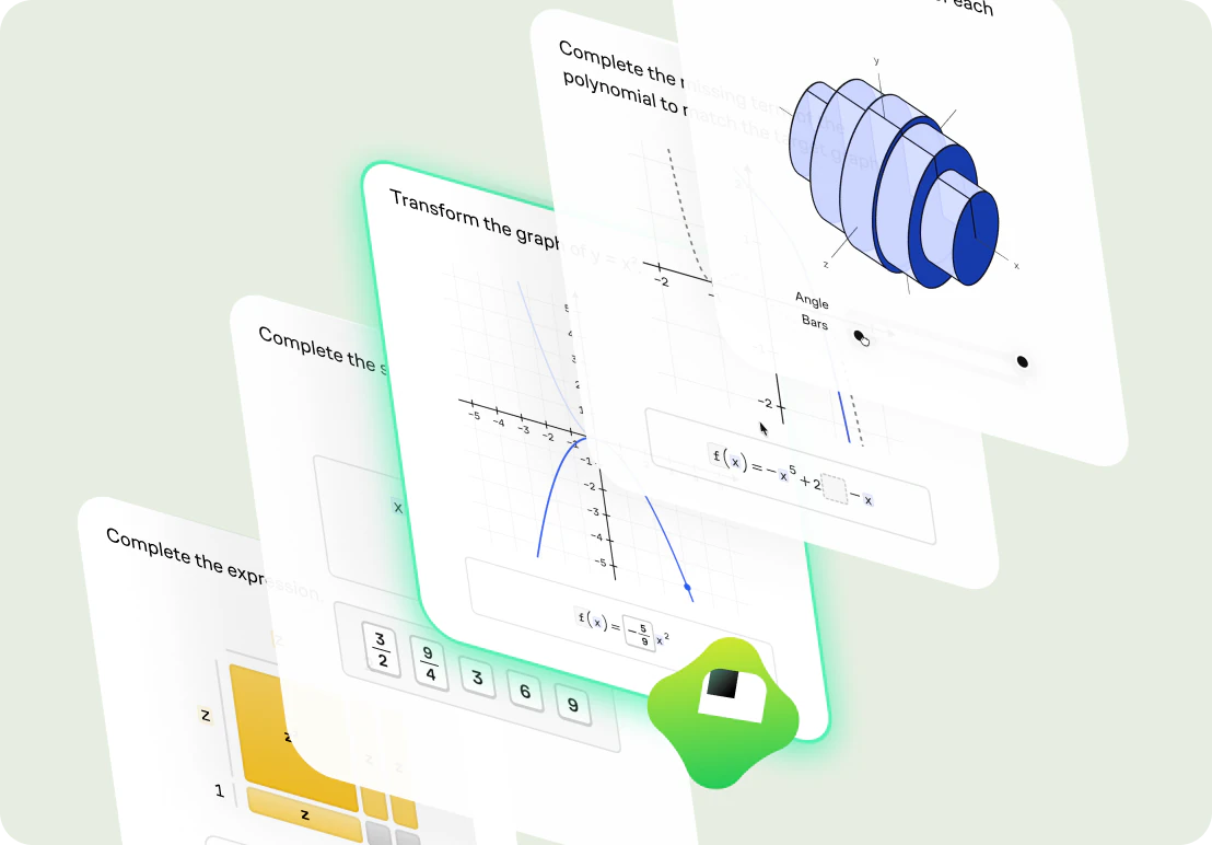 Stacked interactive math exercise cards showing algebra, graphing, and geometry problems with Koji celebrating