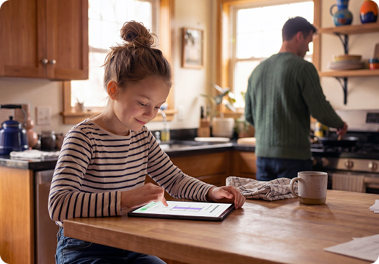 A child using a tablet at a kitchen counter while an adult prepares food in the background