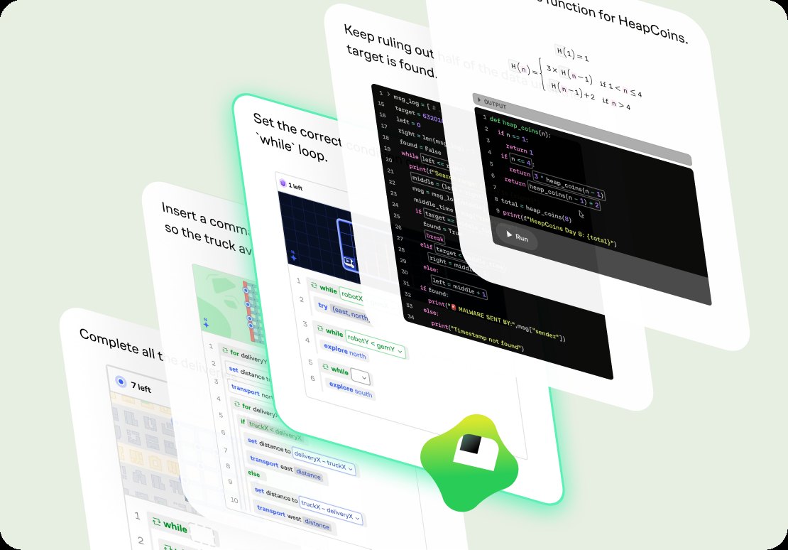 A collection of coding exercises — while loops, function building, and block-based programming — fanned out as stacked cards with Koji highlighting the current challenge