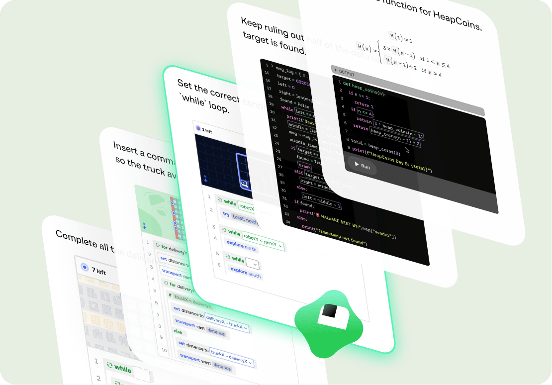 A collection of coding exercises — while loops, function building, and block-based programming — fanned out as stacked cards with Koji highlighting the current challenge