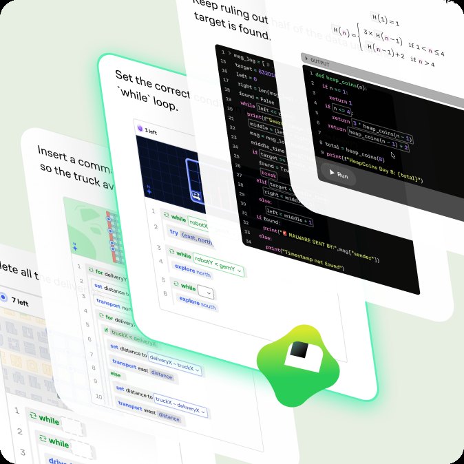 A collection of coding exercises — while loops, function building, and block-based programming — fanned out as stacked cards with Koji highlighting the current challenge