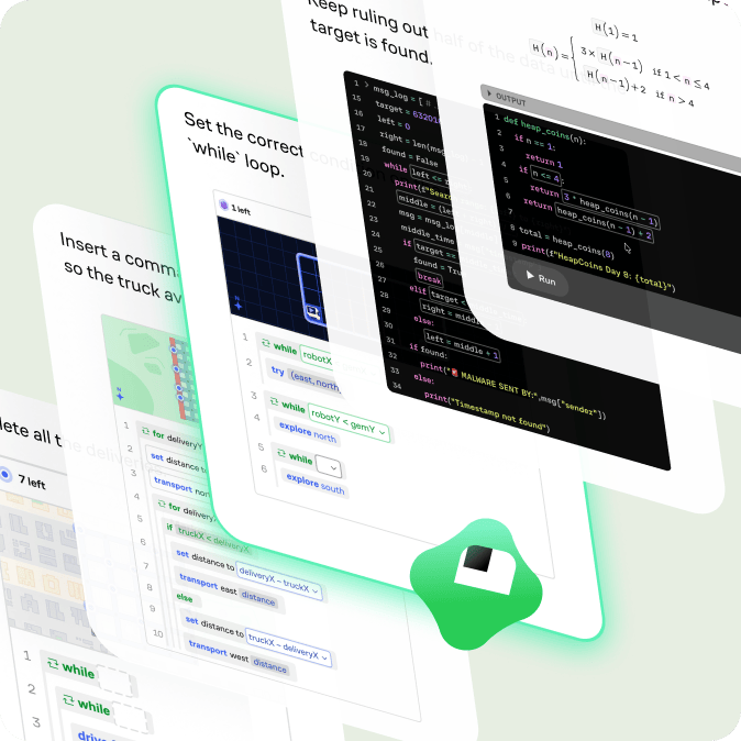 A collection of coding exercises — while loops, function building, and block-based programming — fanned out as stacked cards with Koji highlighting the current challenge