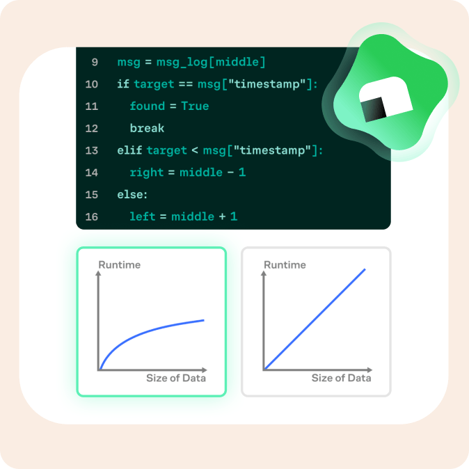 Interactive exercise implementing binary search in Python, with runtime complexity graphs comparing logarithmic and linear growth and Koji providing guidance