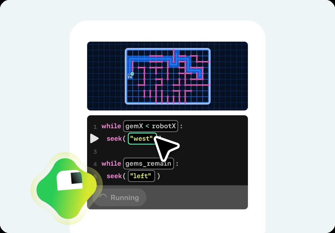 Interactive coding exercise navigating a maze with a while loop, showing a grid puzzle alongside a Python code editor with Koji guiding along