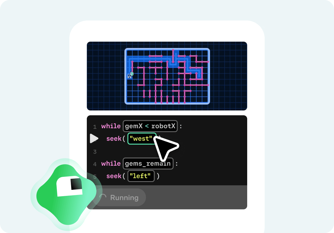 Interactive coding exercise navigating a maze with a while loop, showing a grid puzzle alongside a Python code editor with Koji guiding along