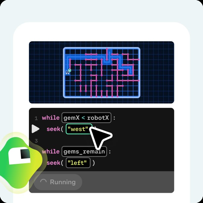Interactive coding exercise navigating a maze with a while loop, showing a grid puzzle alongside a Python code editor with Koji guiding along