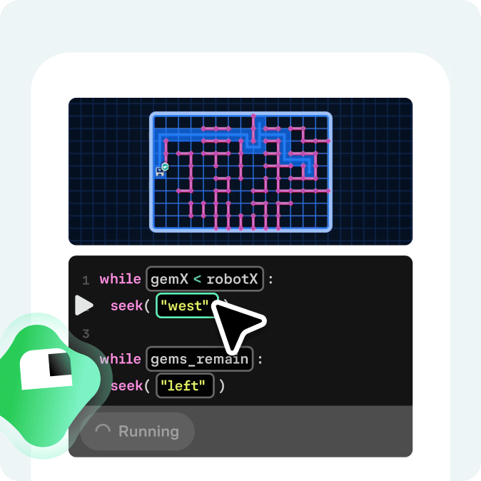 Interactive coding exercise navigating a maze with a while loop, showing a grid puzzle alongside a Python code editor with Koji guiding along