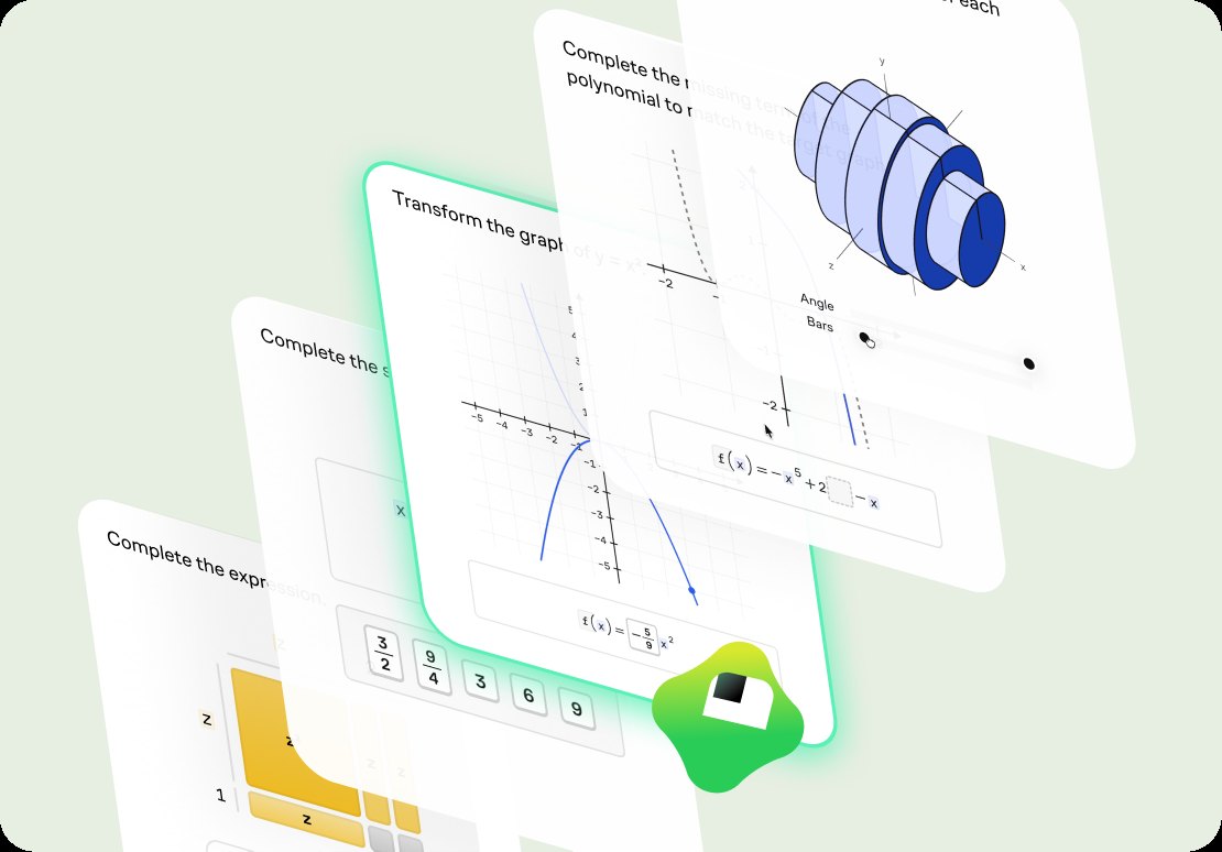 A collection of math exercises — graphing transformations, polynomial matching, and area models — fanned out as stacked cards with Koji highlighting the current challenge