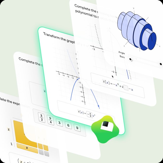 A collection of math exercises — graphing transformations, polynomial matching, and area models — fanned out as stacked cards with Koji highlighting the current challenge