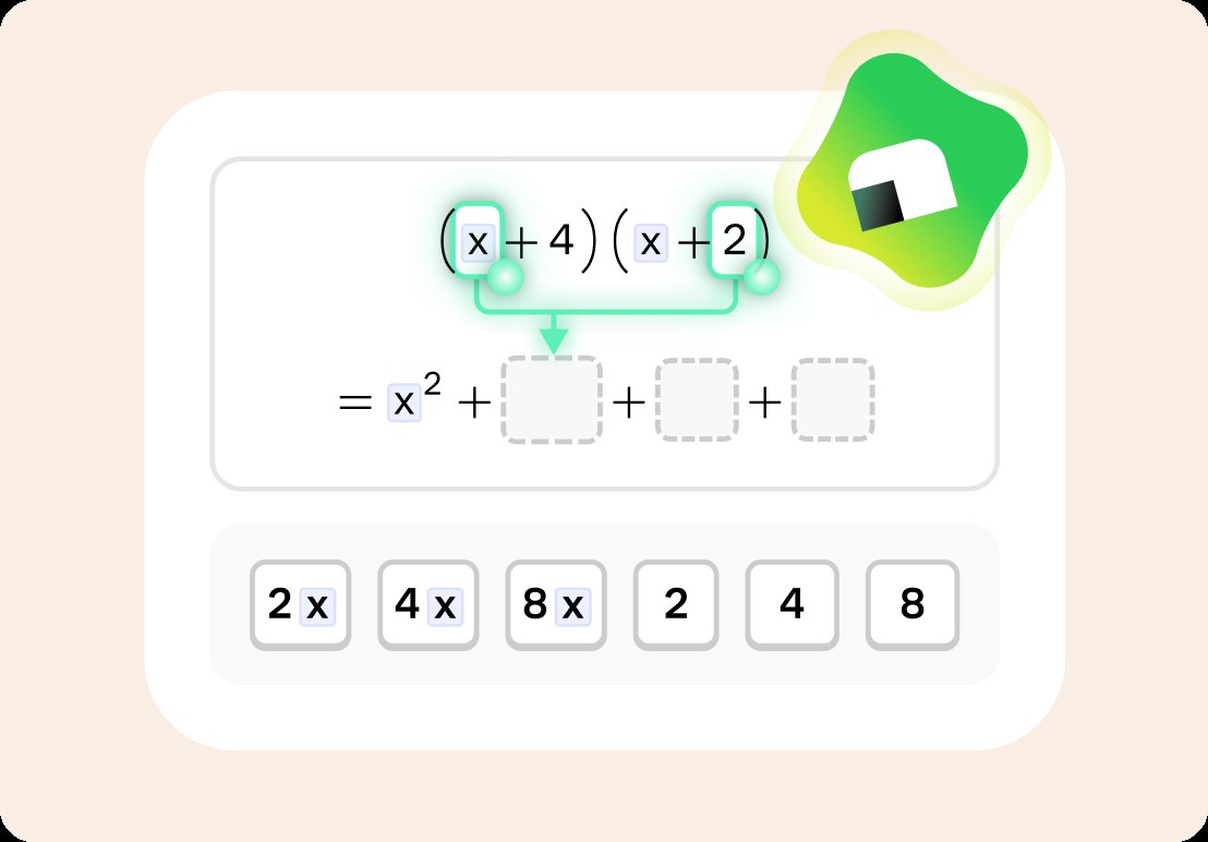 Interactive algebra exercise expanding (x+4)(x+2) step by step, with draggable answer tiles for each term and Koji providing guidance