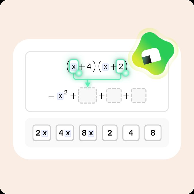 Interactive algebra exercise expanding (x+4)(x+2) step by step, with draggable answer tiles for each term and Koji providing guidance